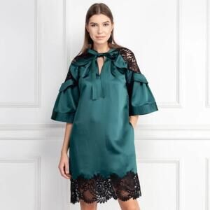 Self-Portrait Lace Trim Satin Shift Dress Green